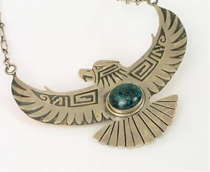 VTG SIGNED R STERLING SILVER NATIVE AMERICAN HUGE THUNDERBIRD TURQUOISE PENDANT - Picture 1 of 3