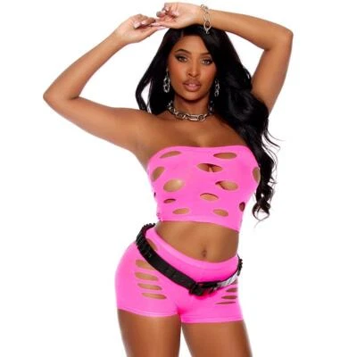 Conjunto de pantalones cortos botines recortados sin mangas agujeros sin tirantes rosa neón 82504 Foto 1 de 4
