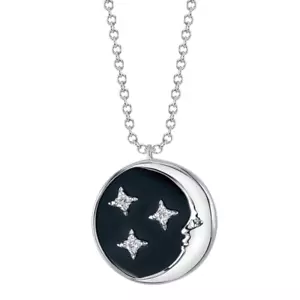 14K Oro Blanco Ónice Negro Diamante Crescent Luna Star Collar Natural 2.24Ctw - Imagen 1 de 3