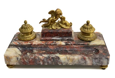 French Gilt Bronze and Red Marble Cherub with Dog Inkwell Pen Stand, 19th Cent.  - Image 1 of 4