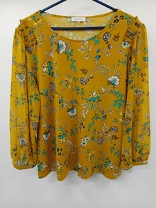 Calvin Klein Floral Blouse Yellow Long Sleeve Size XL Floral Design - Picture 1 of 6