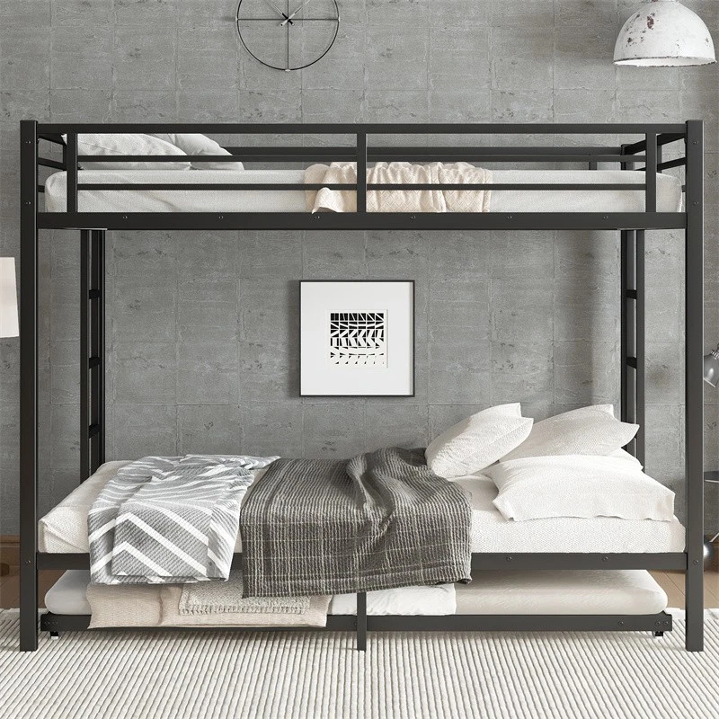Heavy Duty Metal Bunk Bed Queen over Queen Size with Twin Size Trundle,Black  - Image 1 of 1
