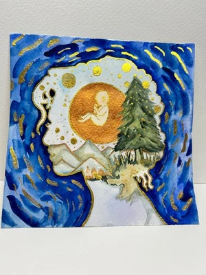 Акварель силуэт картина горы потеря ребенка мемориальное искусство оригинал 8 x 8 дюймов - Изображение 1 из 4