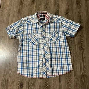 Drill Brand Clothing Co Shirt Mens XL Blue Plaid Pockets Short Sleeve Cuffed - Picture 1 of 8