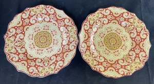 222 Fifth Lyria Saffron Salad Dessert Plates Set Of 2 Red Gold Paisley Floral - Picture 1 of 3