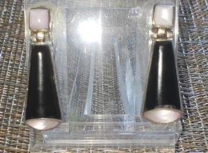 Vintage Mexico Sterling Silver 925 Black Onyx Pink Moonstone Dangle Earrings  - Picture 1 of 2