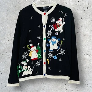 All Points Vintage Women's Blue Snowman Cardigan Ugly Christmas Sweater Size MD - Picture 1 of 9