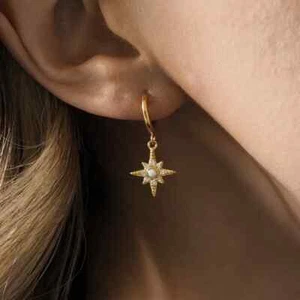 Dainty North Star Fire Opal Drop 925 Sterling Silver Small Huggie Hoop Earrings - Picture 1 of 7