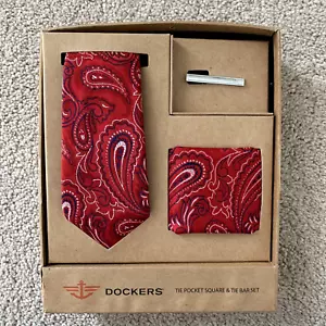 DOCKERS   Necktie, Pocket Square & Tie Bar Set   BRAND NEW, IN BOX   Red Paisley - Picture 1 of 6