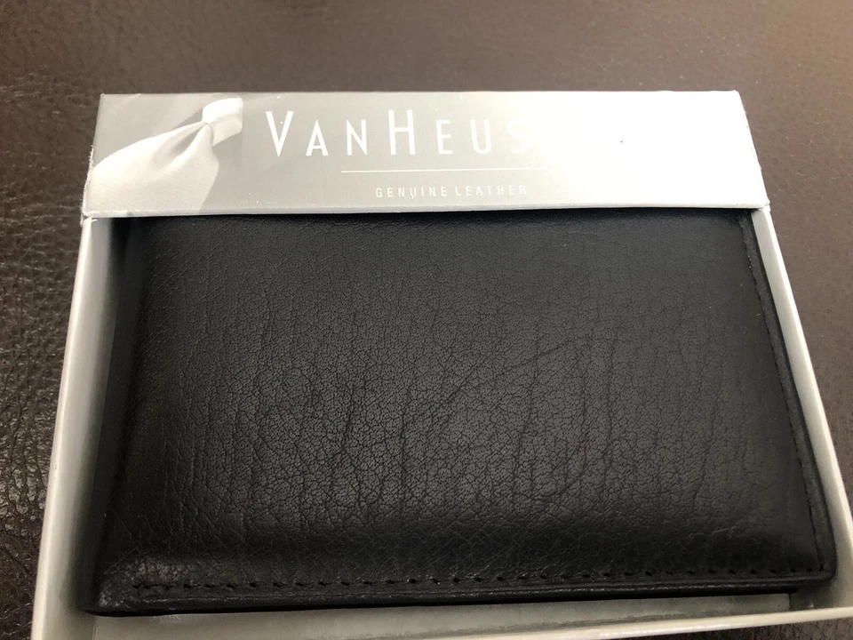 НОВЫЙ VAN HEUSEN ИЗ НАТУРАЛЬНОЙ КОЖИ СКЛАДНОГО ЧЕРНЫЙ МУЖСКОЙ БУМАЖНИК - Изображение 1 из 4