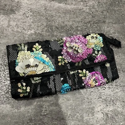 Black Sequin Beaded Floral Handbag Clutch Purse Evening Bag - Image 1 of 4