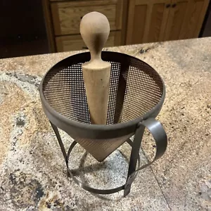 Vintage Tin Metal Cone Funnel sieve handle with wooden pestle - Picture 1 of 14