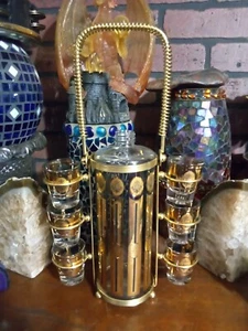 VTG 50s MCM Atomic Glenshaw Glass Gold Liquor Decanter Caddy 6 Shot Glasses - Picture 1 of 12