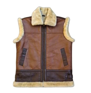 Men's Bomber Aviator B3 Pilot Flying Real Brown Sheepskin Leather Vest Jacket - Picture 1 of 4