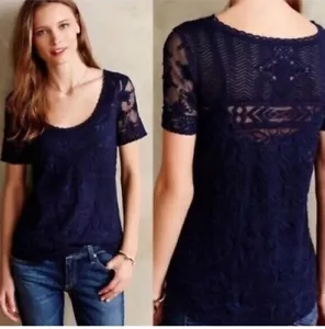 ANTHROPOLOGIE MEADOW RUE SHEER NAVY BLUE BOHO TOP LACE SHORT SLEEVE SHIRT S - Picture 1 of 4