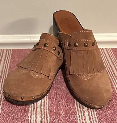 MICHAEL KORS Rye Fringed Suede Leather Studded Slip-On Platform Mule Clogs - Image 1 of 4