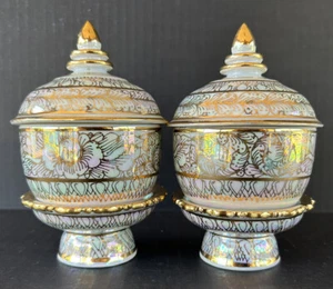 Thai Benjarong Porcelain 2 Small Jars With Stand Pattaya Handpainted 18k Gold - Picture 1 of 7
