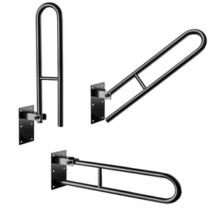 Black Folding Hinged Bathroom Safety Steel Rail Grab Bar Support Drop Down - Picture 1 of 11