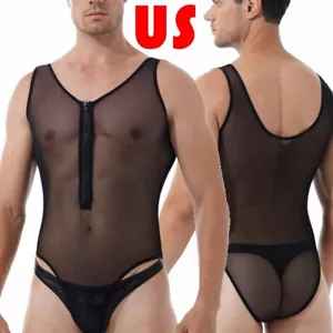 AU Sexy Men's Jumpsuit One-piece See Through Bodysuit Sheer Lingerie Sleepwear - Picture 1 of 82
