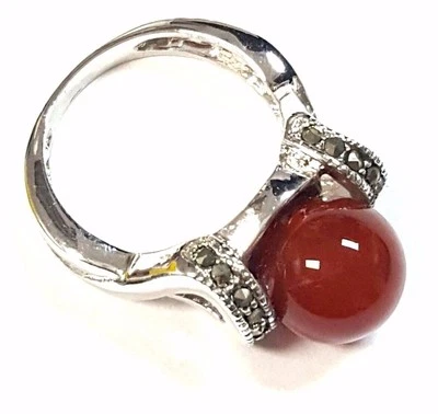(TALLA 6,7,8) ANILLO BOLA CORNALINA PIEDRAS MARCASITA PLATA ESTERLINA .925 Foto 1 de 4