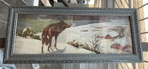 Antique Lone Wolf Picture By Wierusz Winter Snow Blue Wood Framed Print 6x15"Vtg - Picture 1 of 6