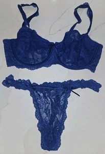 Vtg. Victoria’s Secret Bra 38D Lace Unlined Demi Blue Thongs Large See Thru LOT - Picture 1 of 14