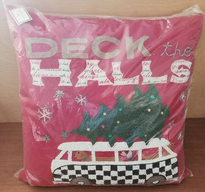 Almohada con cuentas Mackenzie Childs Hound On Holiday 22" cuadrada NUEVO CON ETIQUETAS (2019) Foto 1 de 4