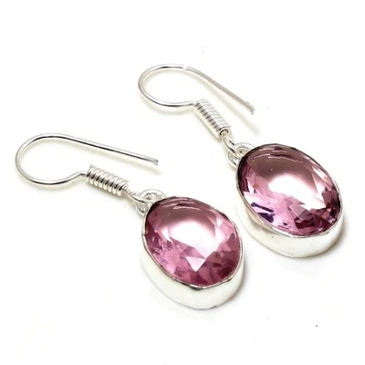 Pink Kunzite Oval Shape Gemstone Earrings Handmade Engagement Gift Jewelry 1.20" - Image 1 of 4