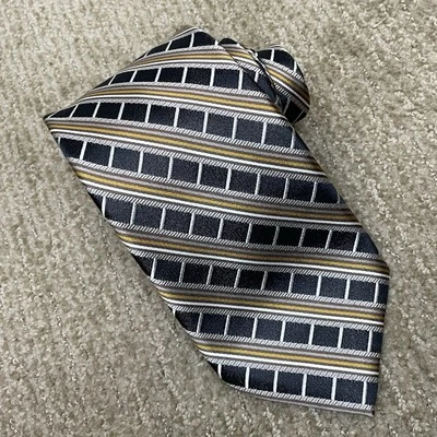 "Corbata de seda Jhane Barnes XL marrón topo geométrica a rayas dinero antiguo 63""" Foto 1 de 4