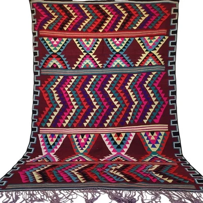 Vtg Handmade Moroccan Rug Maroon Geometric Red Teal Yellow Purple Fringe Carpet - Image 1 of 4
