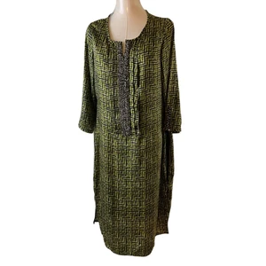 Lakshita Women's Medium Green Black Dress Geometric Print Tunic Beaded Front - Picture 1 of 13