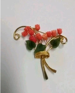 Brosche Jade Koralle Geschnitzt Vergoldet Gebraucht Modeschmuck 5cm - Bild 1 von 5