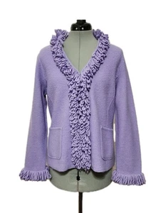 NOUVEAUX Damen M Jacke Pullover Lila 100% Kammgarn Wolle Fransen Taschen Haken  - Bild 1 von 9