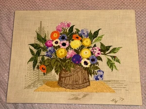 Vintage 1977 Crewel Embroidery Flowers In A Bucket Cottage Core Granny Chic Farm - Picture 1 of 11