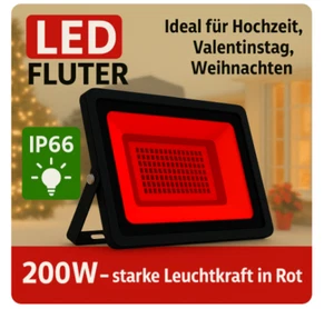 200W LED Fluter in Rot – IP66 Rotlicht Strahler für Outdoor, Party, Weihnachten - Bild 1 von 9