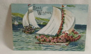 Antigua postal en relieve de veleros con rosas y flores Best Wishes. - Imagen 1 de 2