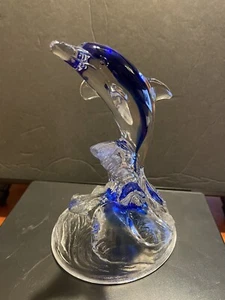 Crystal Dolphin figurine blue accents, crystal waves, hand blown Home Decor - Picture 1 of 9