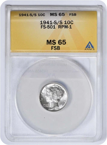 1941-S/S Mercury Dime FS-501 MS65FSB ANACS Cover