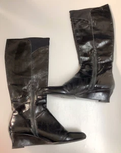 Nine West Black Leather / Textile Zipper Wedge Knee High Boots Size 8M NWBISQUE - Picture 1 of 9