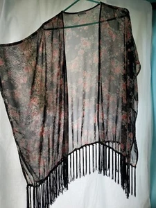 Tobi Sheer Floral Multi Colored Kimono w/ Black Tassels OS Boho Comfy - Picture 1 of 9