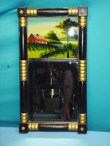 Federal Split Column Courting Mirror Reverse Painted Farm Relief Carved Wood 20" Cover