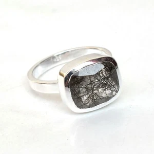 925 Sterling Silver Black Rutile Ring Natural Tourmalated quartz Ring S 8-RU019 - Picture 1 of 3