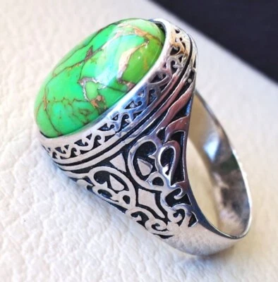 Anillo de plata esterlina 925 maciza con sello de piedras preciosas de turquesa verde natural para hombre Foto 1 de 4