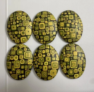 6 Vintage Modern Yellow and Black 40x30mm Oval Acrylic Decal Cameos or Cabochons - Image 1 of 2