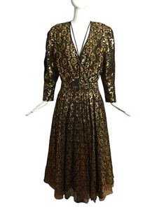 DIANE FRES- 1980s Gold & Black Metallic Beaded Dress, Size 6 - Picture 1 of 6