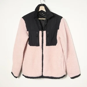 H&M Women’s S. Regular Fit Pink Knit & Black Long Sleeve Zip-up Coat w/Pockets - Picture 1 of 4