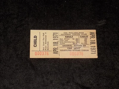 1 phillies vs the braves child ticket stub april 18th 1971 hank aaron - Image 1 of 3