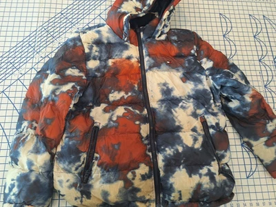 Tommy Hilfiger Men's XXL Hooded Puffer Jacket Navy Orange Tie Dye Insulated - Image 1 of 4