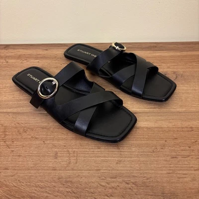 STUART WEITZMAN Villa Slide Sandal Womens Size 8 Black Leather Crisscross Buckle - Image 1 of 4