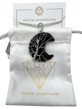 Crystal Wonderland Rough Black Obsidian Half Moon Shape Pendant Necklace Silver